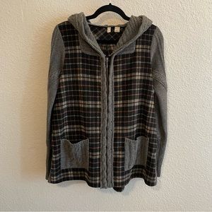Moth (Anthropologie) Derry Cable Knit Wool Plaid Flannel Hooded Sweater Jacket